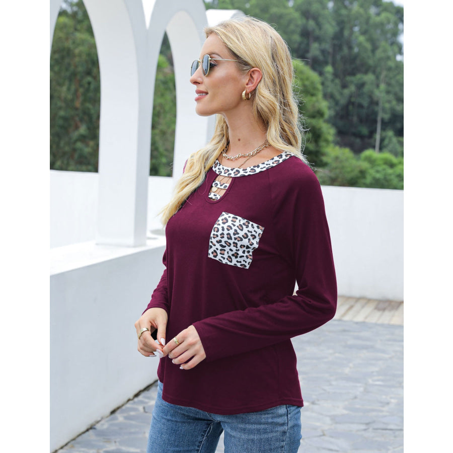 Cutout Leopard Round Neck Long Sleeve T-Shirt Apparel and Accessories