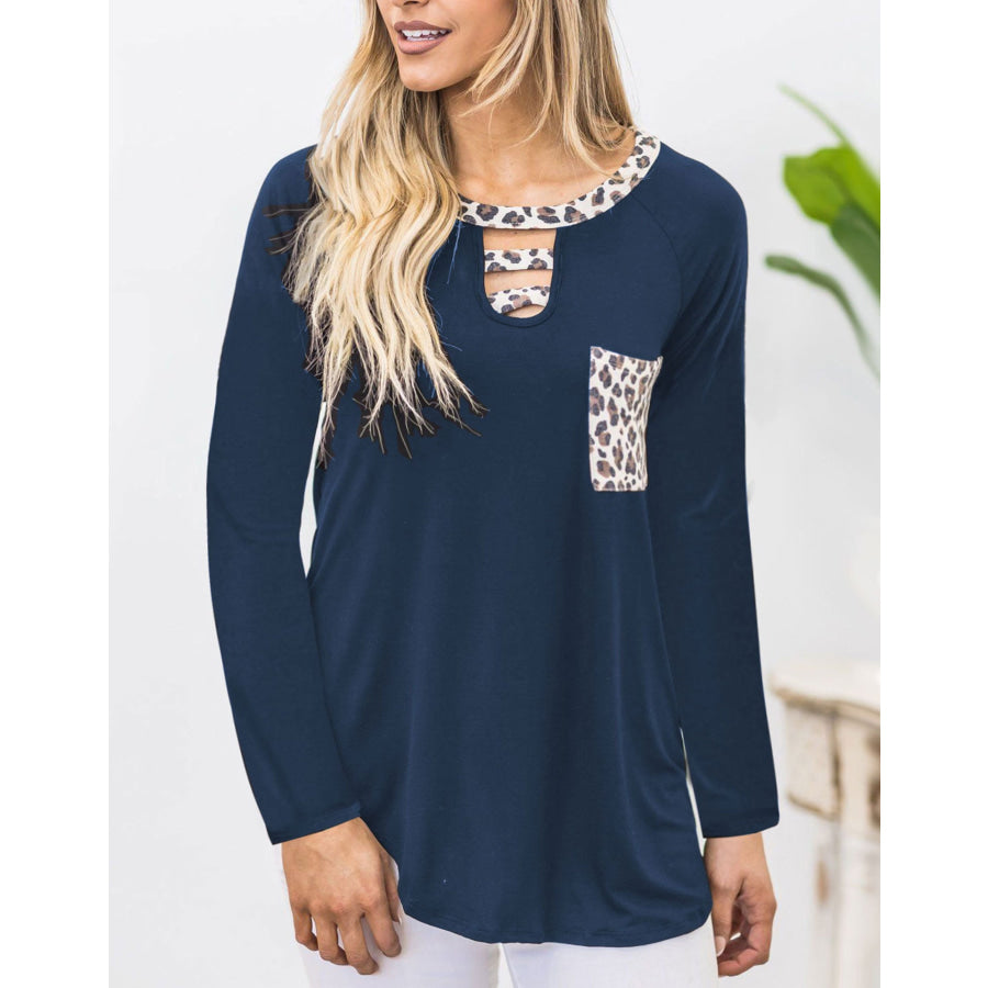 Cutout Leopard Round Neck Long Sleeve T-Shirt Apparel and Accessories