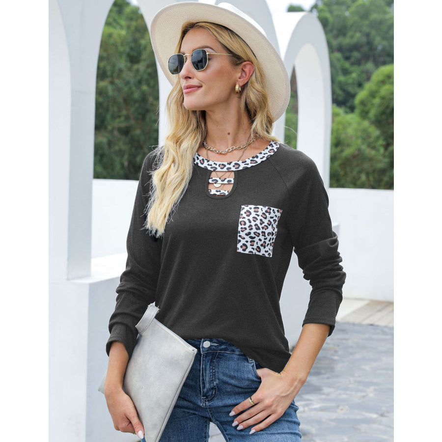 Cutout Leopard Round Neck Long Sleeve T-Shirt Apparel and Accessories
