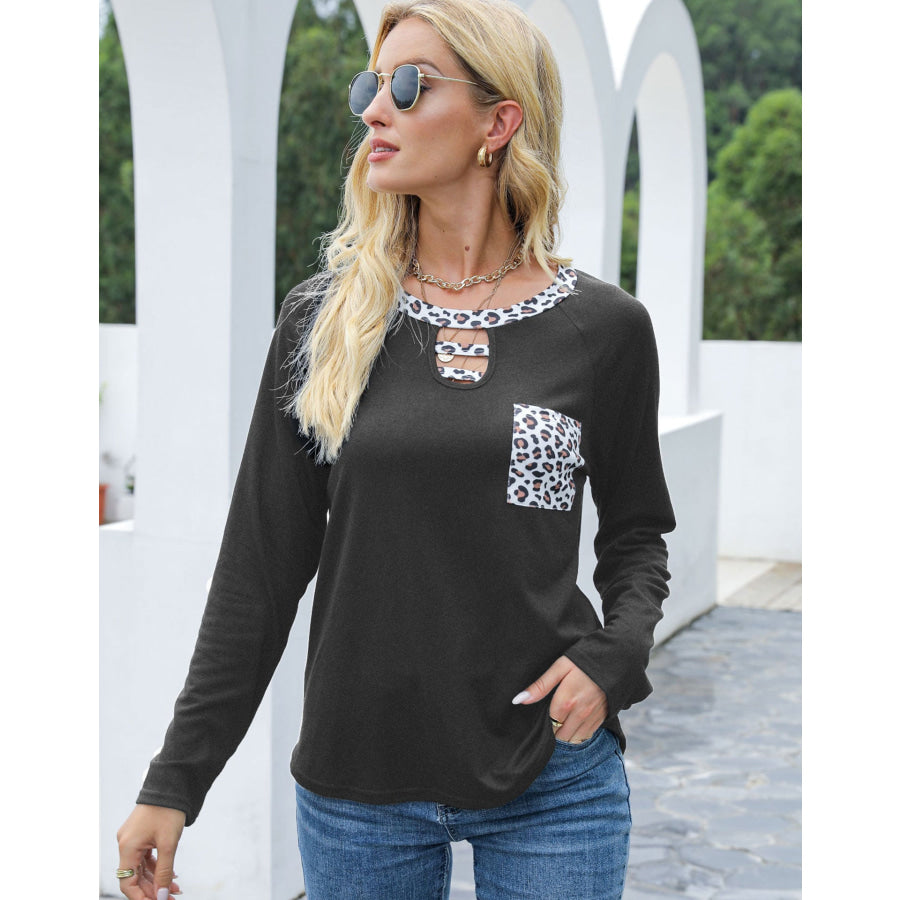 Cutout Leopard Round Neck Long Sleeve T-Shirt Apparel and Accessories