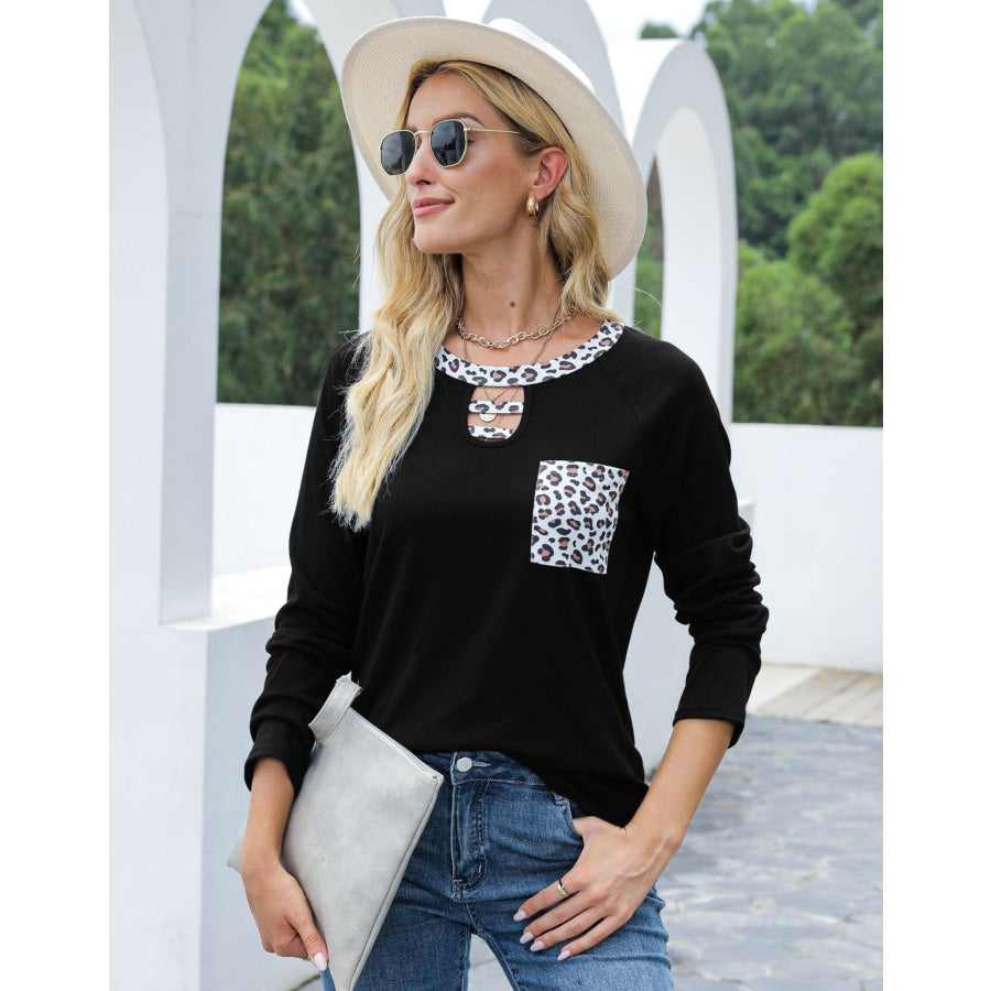 Cutout Leopard Round Neck Long Sleeve T-Shirt Apparel and Accessories