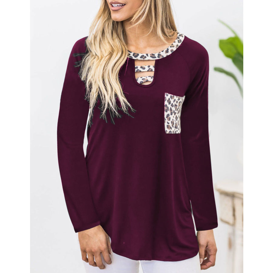 Cutout Leopard Round Neck Long Sleeve T-Shirt Apparel and Accessories