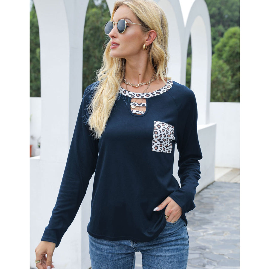 Cutout Leopard Round Neck Long Sleeve T-Shirt Apparel and Accessories