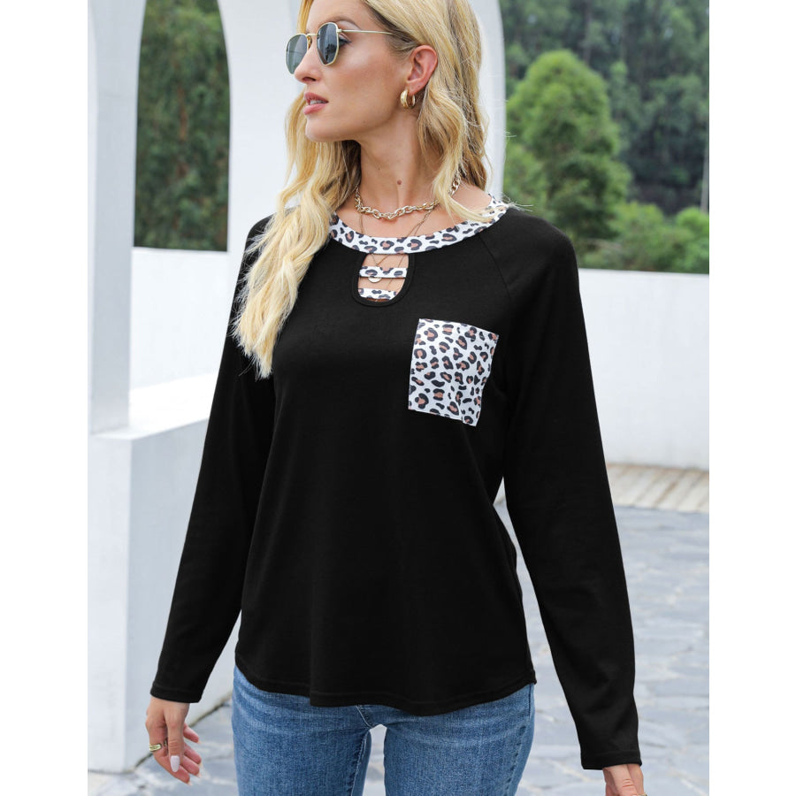 Cutout Leopard Round Neck Long Sleeve T-Shirt Apparel and Accessories
