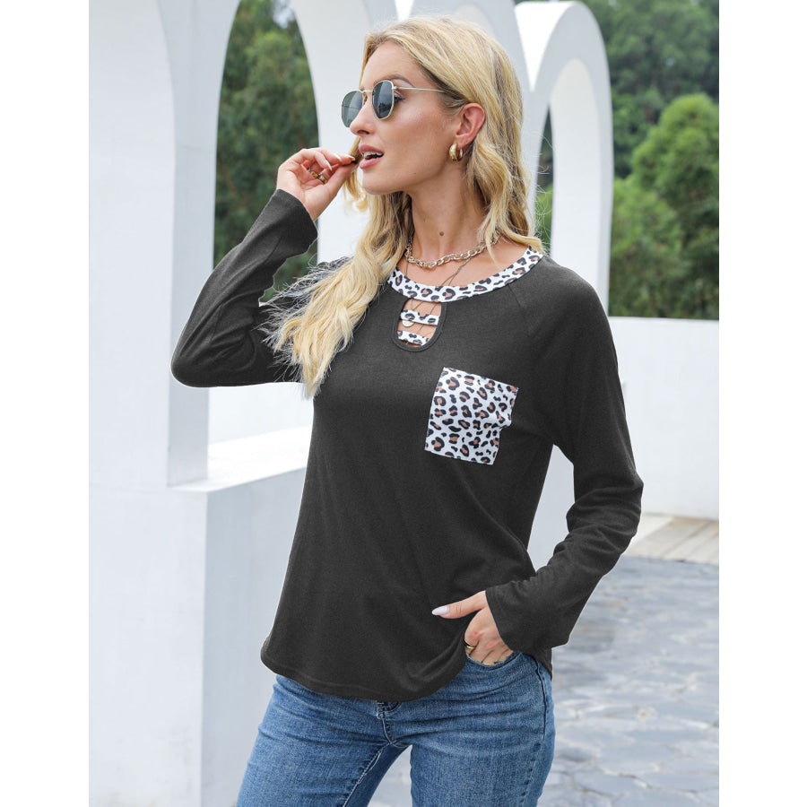 Cutout Leopard Round Neck Long Sleeve T-Shirt Apparel and Accessories