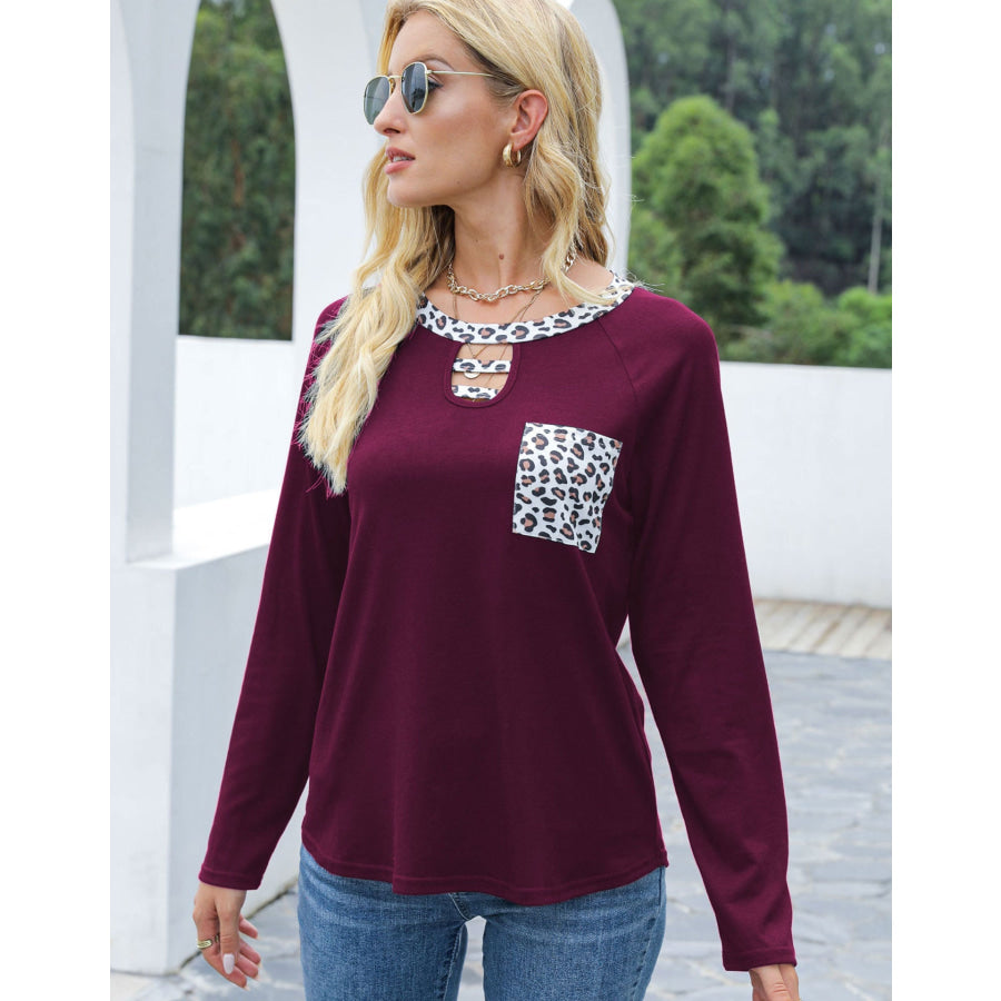 Cutout Leopard Round Neck Long Sleeve T-Shirt Apparel and Accessories