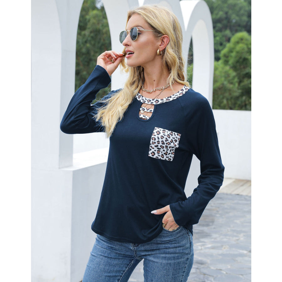 Cutout Leopard Round Neck Long Sleeve T-Shirt Apparel and Accessories