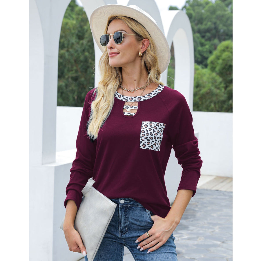 Cutout Leopard Round Neck Long Sleeve T-Shirt Apparel and Accessories