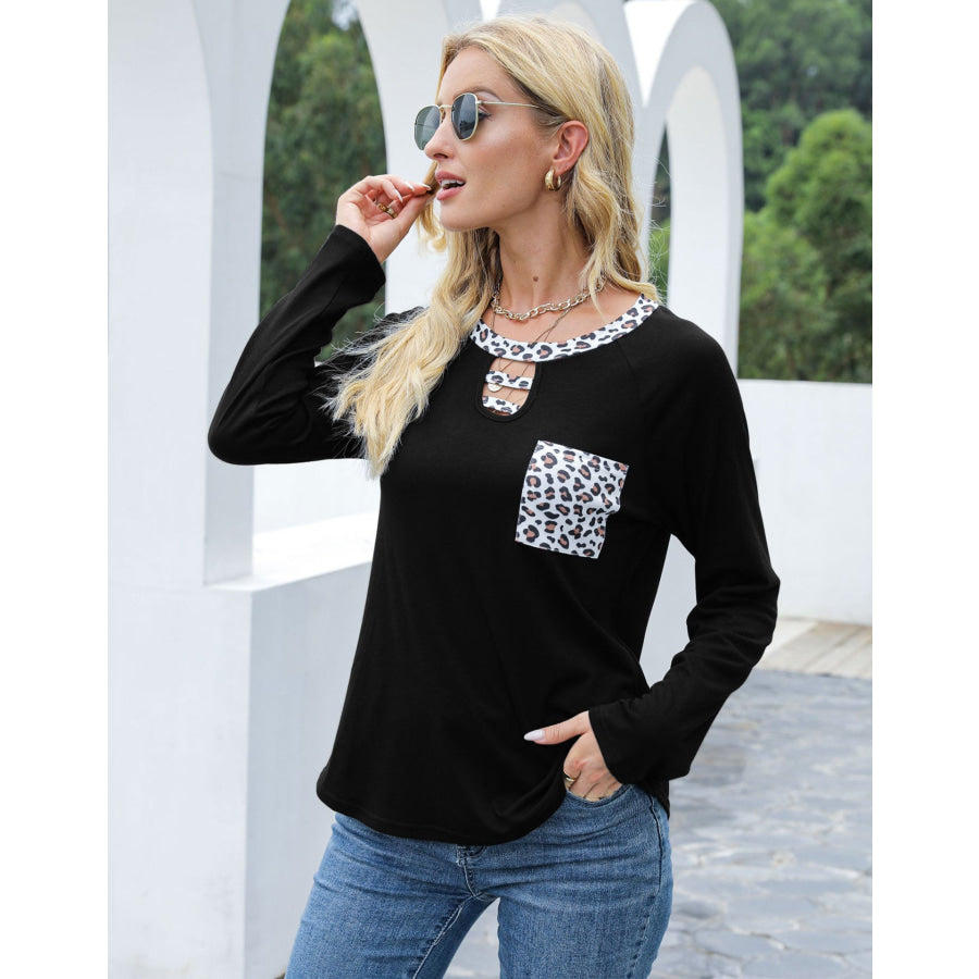 Cutout Leopard Round Neck Long Sleeve T-Shirt Apparel and Accessories