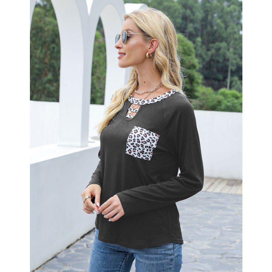 Cutout Leopard Round Neck Long Sleeve T-Shirt Apparel and Accessories