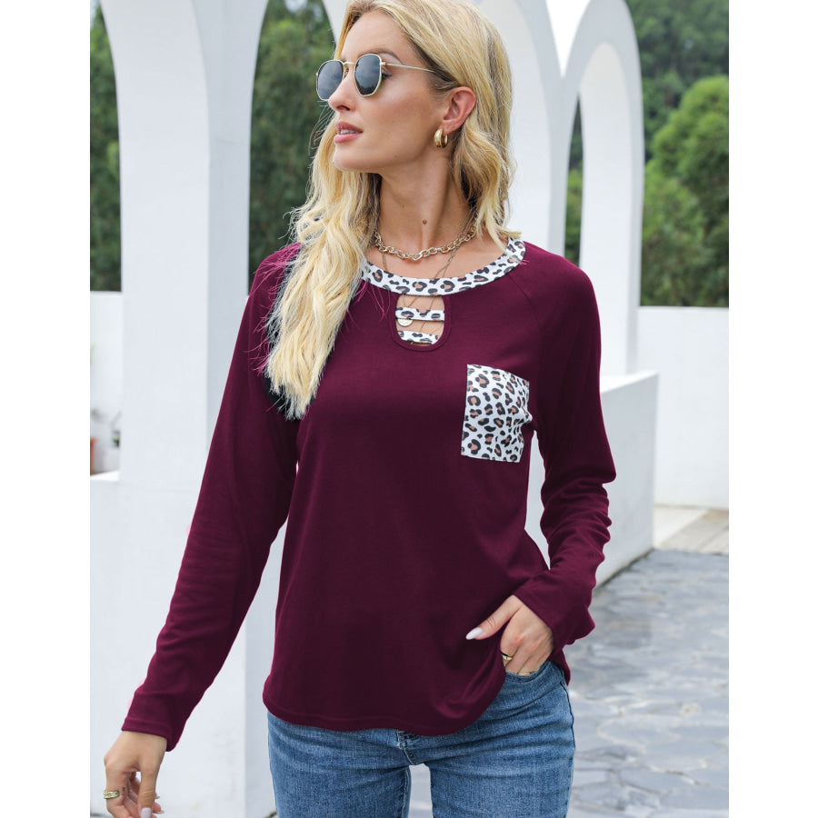 Cutout Leopard Round Neck Long Sleeve T-Shirt Apparel and Accessories