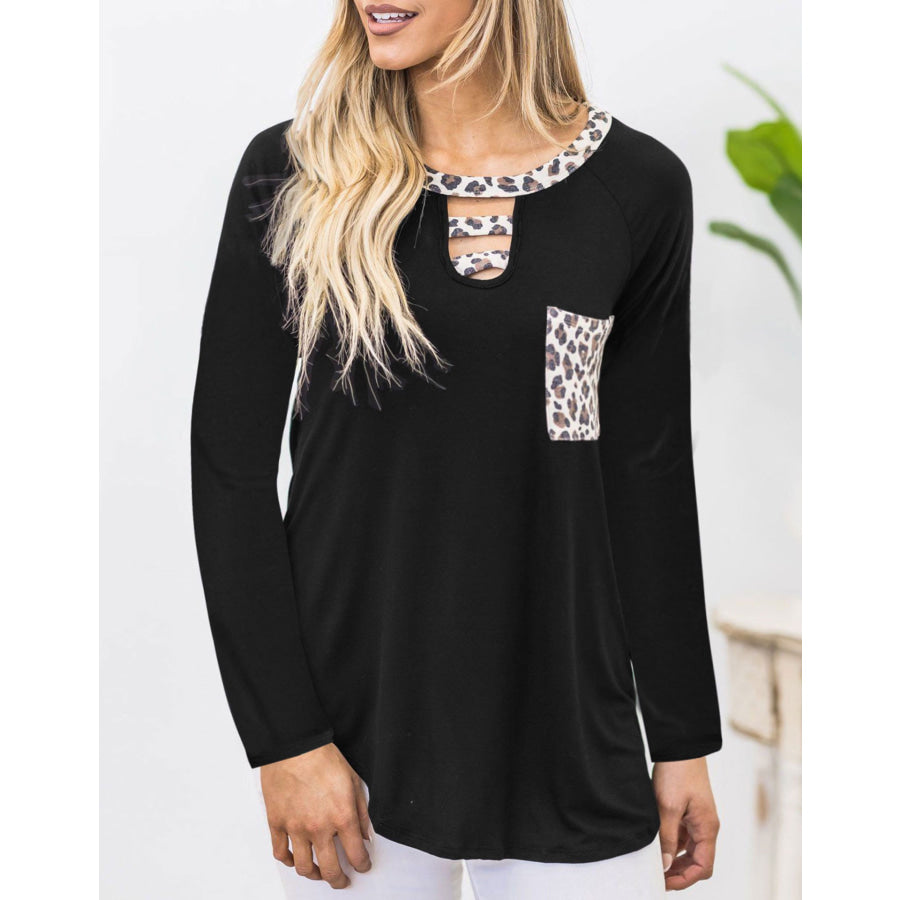 Cutout Leopard Round Neck Long Sleeve T-Shirt Black / S Apparel and Accessories