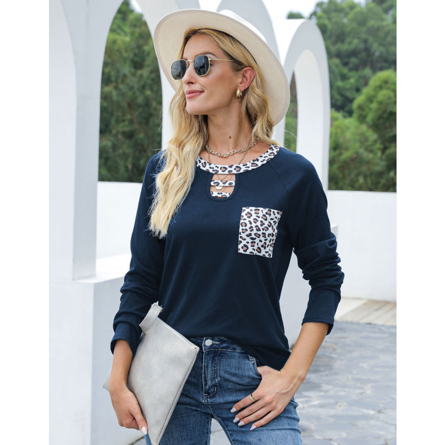 Cutout Leopard Round Neck Long Sleeve T-Shirt Dark Blue / S Apparel and Accessories