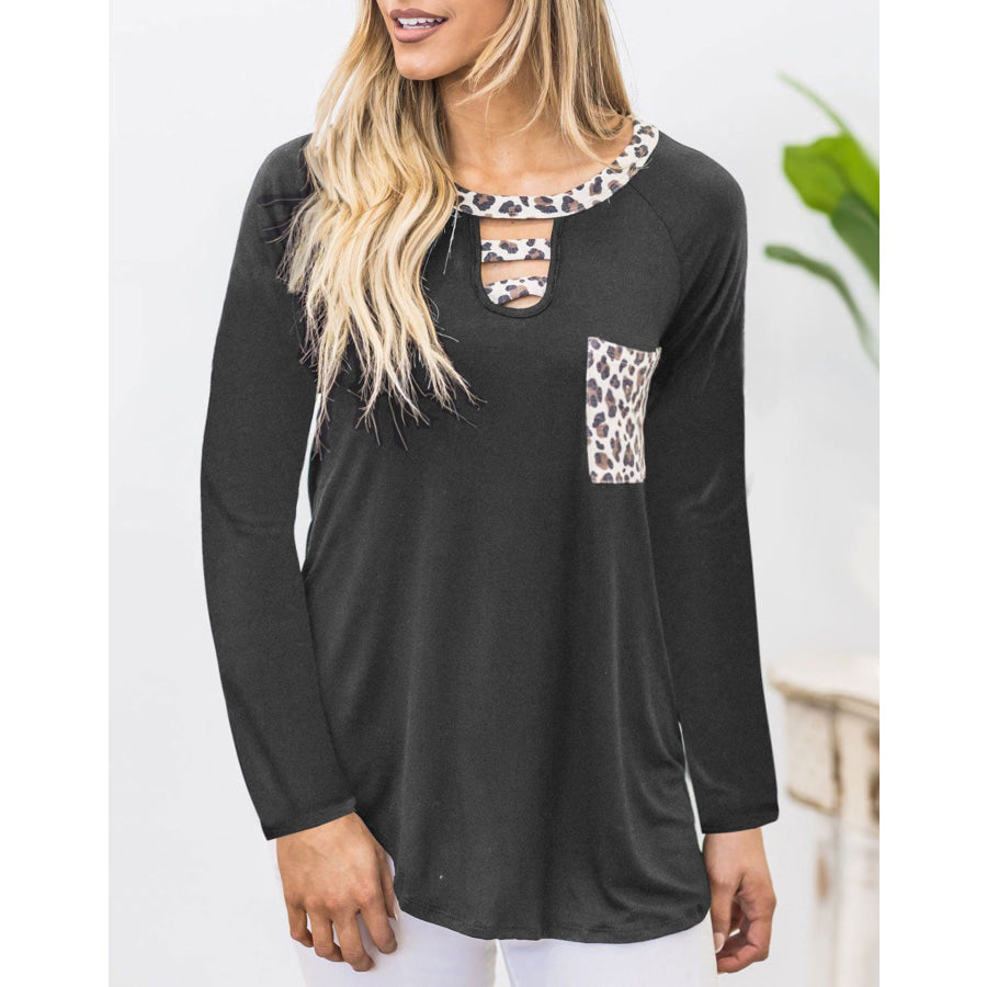 Cutout Leopard Round Neck Long Sleeve T-Shirt Dark Gray / S Apparel and Accessories