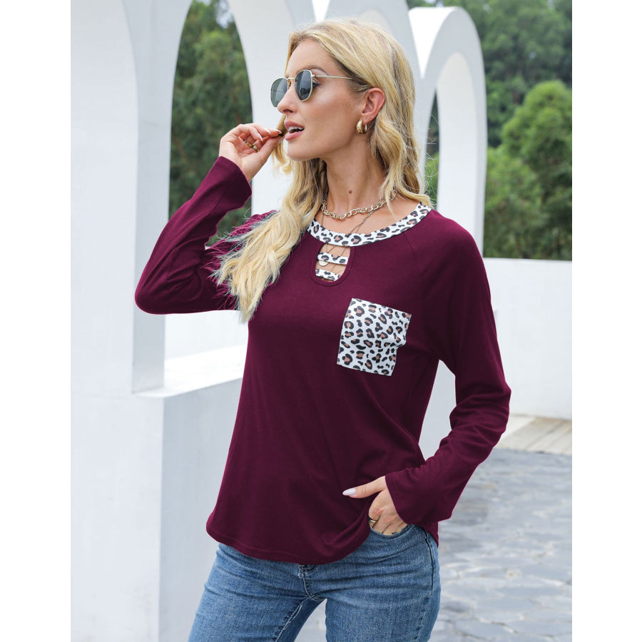 Cutout Leopard Round Neck Long Sleeve T-Shirt Plum Purple / S Apparel and Accessories