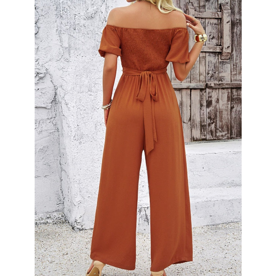 Cutout Off Shoulder Wide Leg Jumpsuit Apparel and Accessories