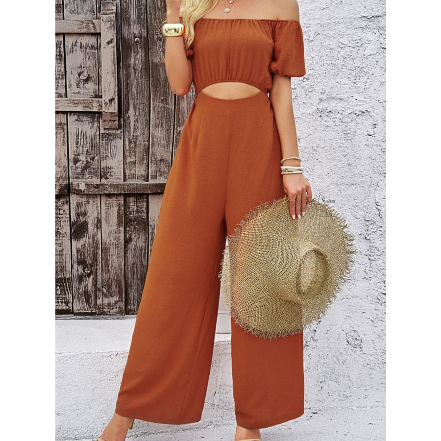 Cutout Off Shoulder Wide Leg Jumpsuit Terracotta / S Apparel and Accessories