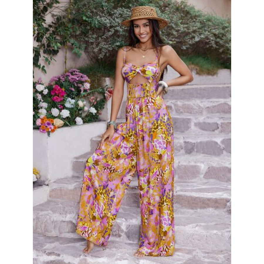 Cutout Printed Spaghetti Strap Jumpsuit Apparel and Accessories