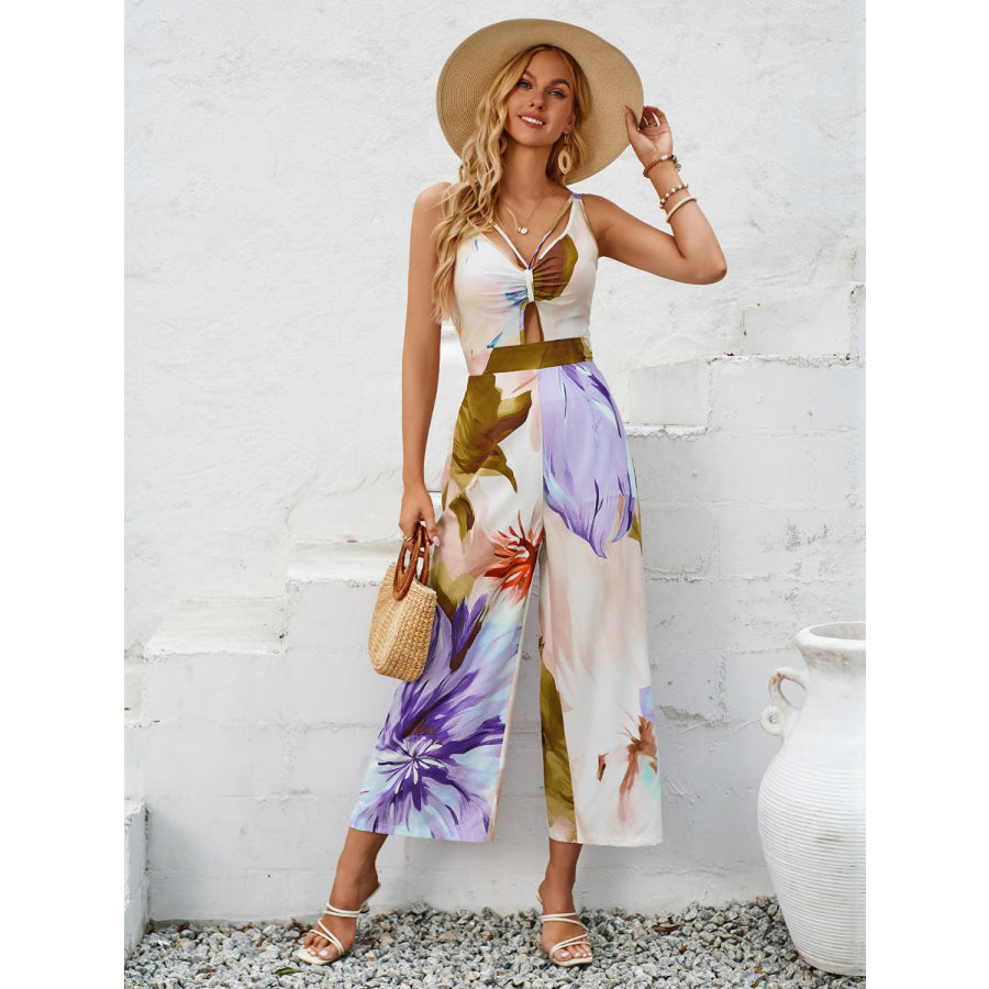 Cutout Printed Wide Strap Jumpsuit Apparel and Accessories