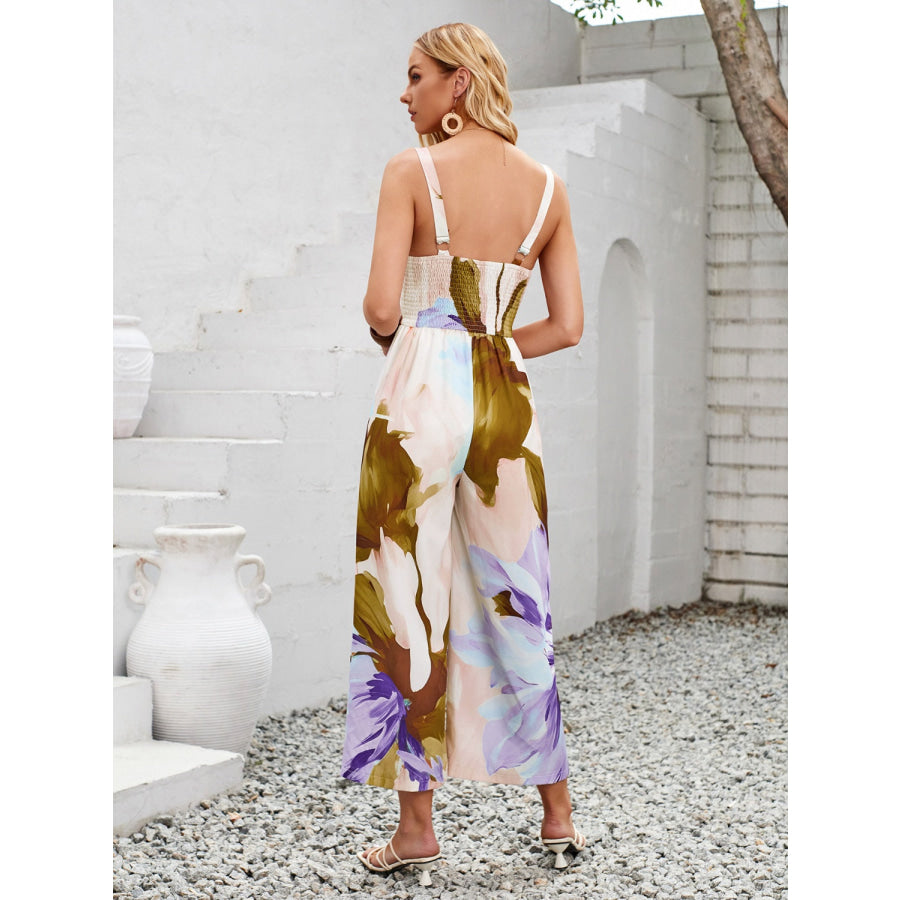 Cutout Printed Wide Strap Jumpsuit Apparel and Accessories