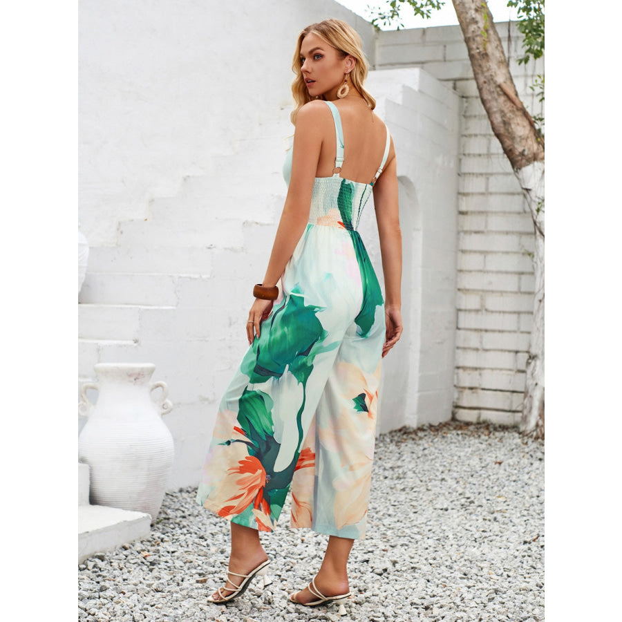Cutout Printed Wide Strap Jumpsuit Apparel and Accessories