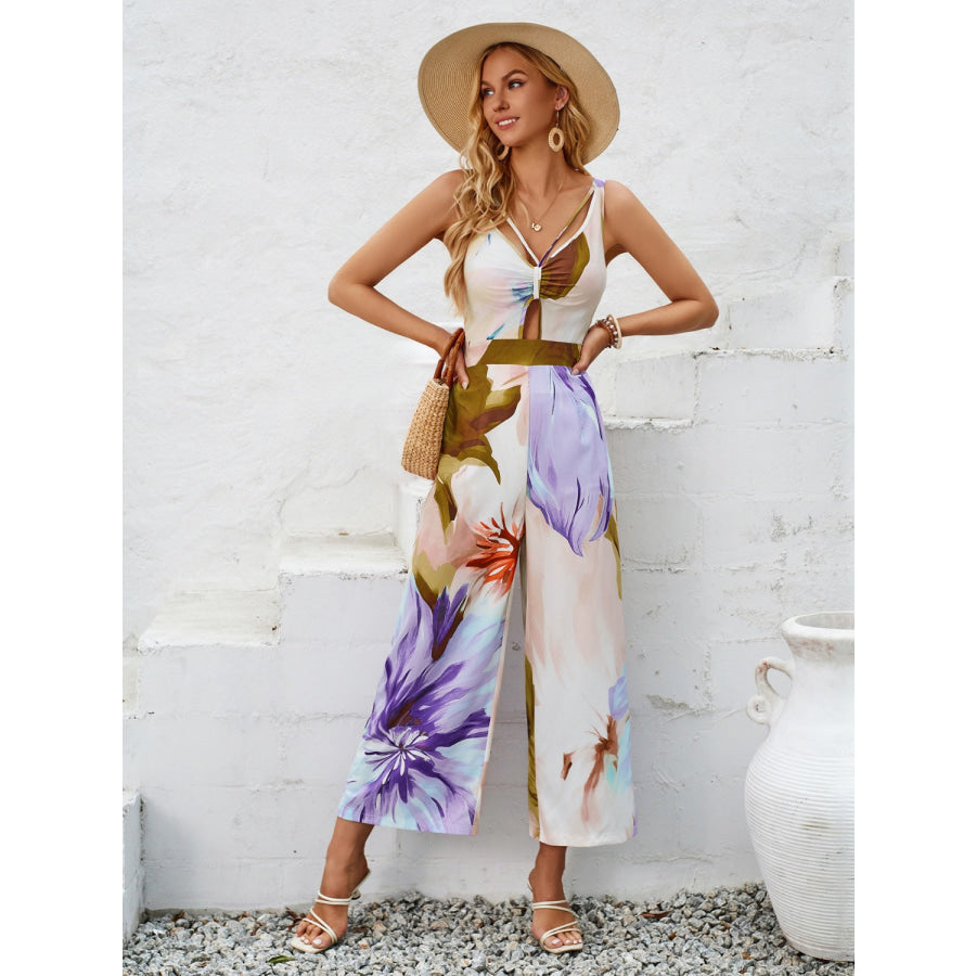 Cutout Printed Wide Strap Jumpsuit Lavender / S Apparel and Accessories