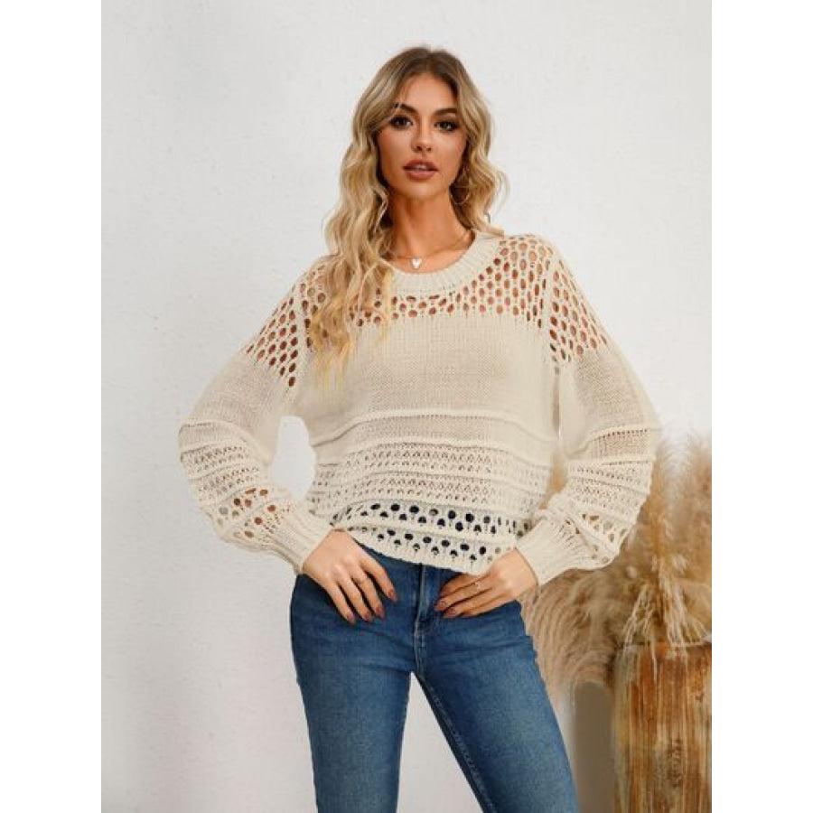 Cutout Round Neck Knit Top Sand / S Apparel and Accessories