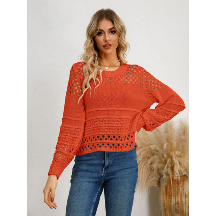 Cutout Round Neck Knit Top Red Orange / S Apparel and Accessories