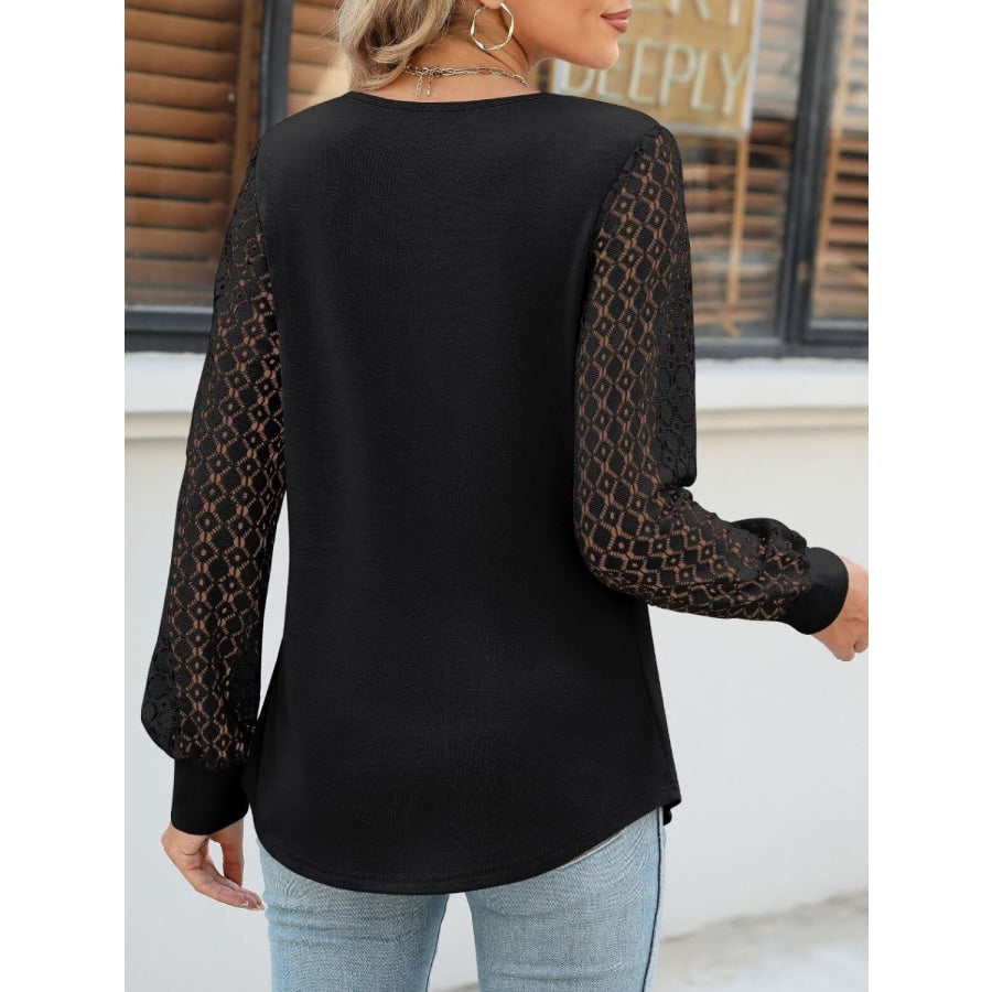 Cutout Round Neck Lace Long Sleeve Blouse Apparel and Accessories
