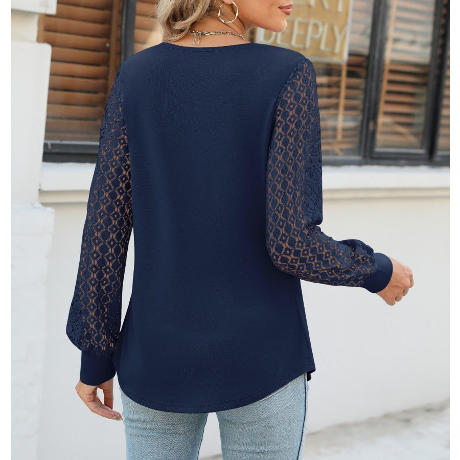 Cutout Round Neck Lace Long Sleeve Blouse Apparel and Accessories