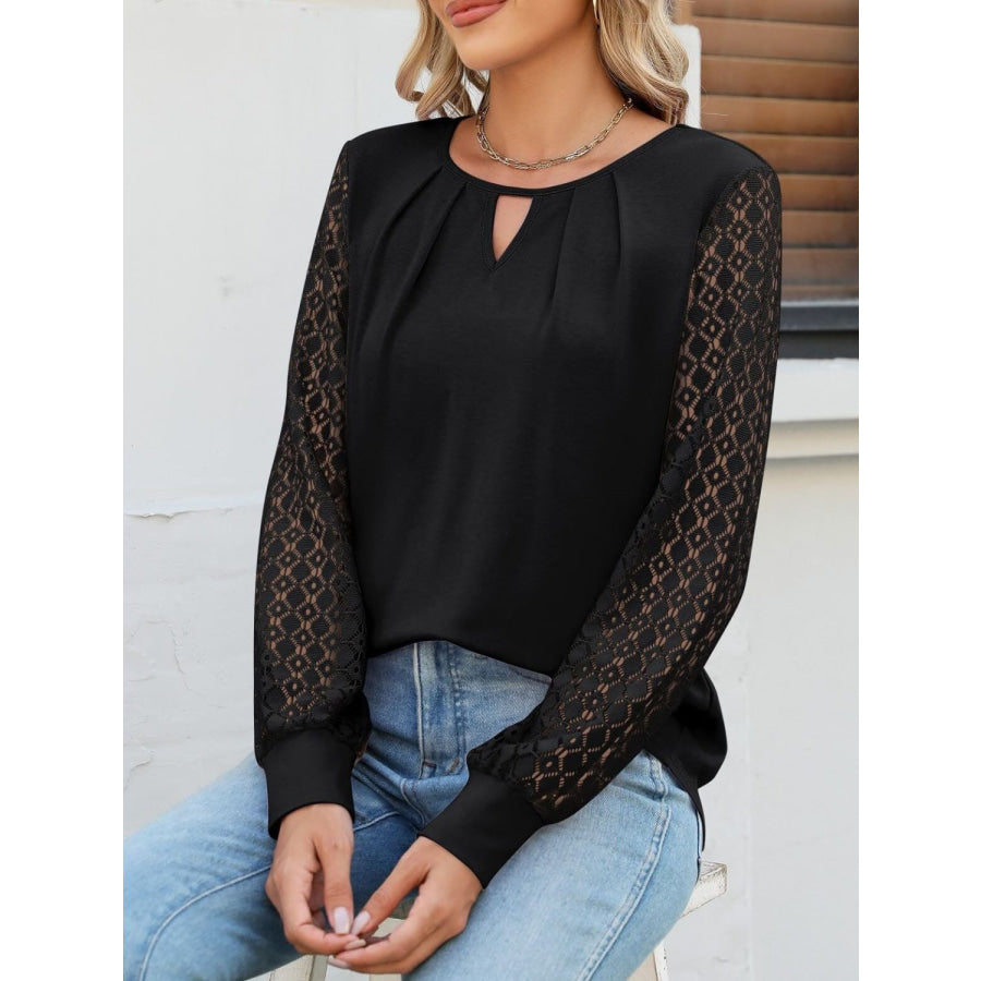 Cutout Round Neck Lace Long Sleeve Blouse Black / S Apparel and Accessories