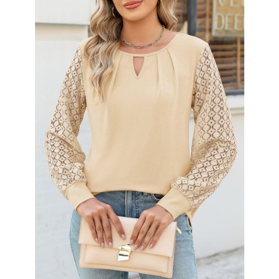 Cutout Round Neck Lace Long Sleeve Blouse Cream / S Apparel and Accessories