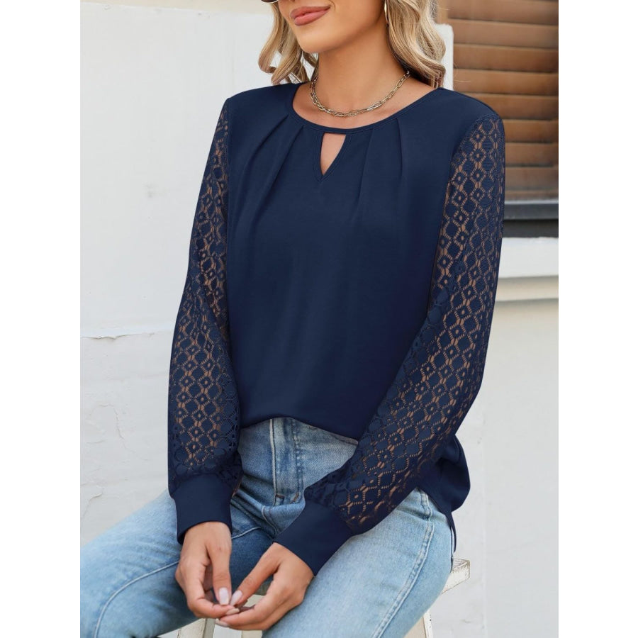 Cutout Round Neck Lace Long Sleeve Blouse Navy / S Apparel and Accessories