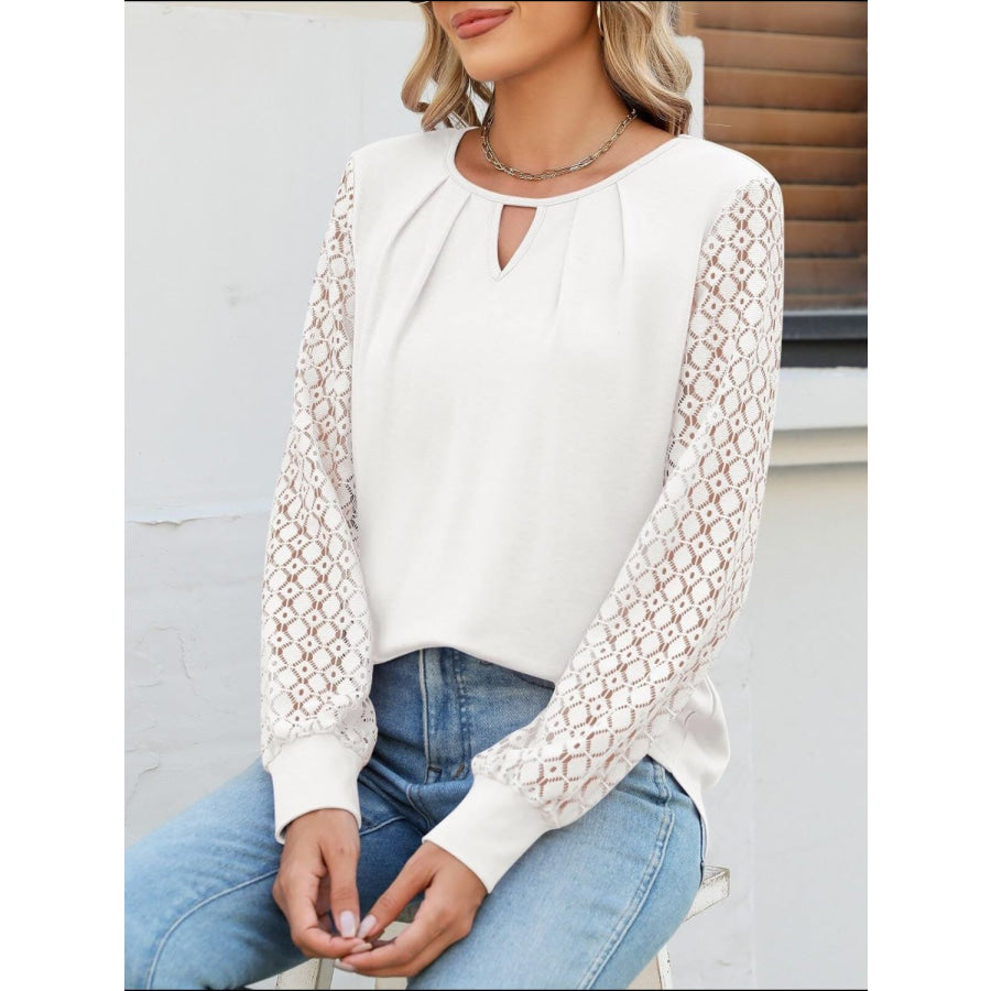 Cutout Round Neck Lace Long Sleeve Blouse White / S Apparel and Accessories