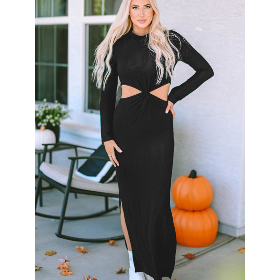 Cutout Round Neck Long Sleeve Slit Maxi Dress Black / S