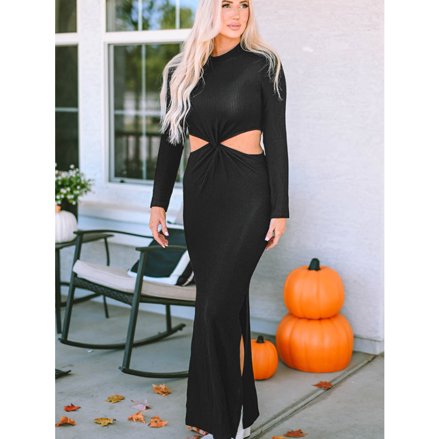 Cutout Round Neck Long Sleeve Slit Maxi Dress