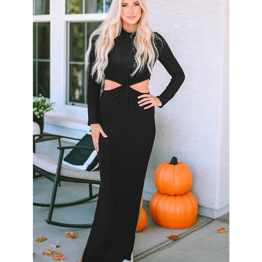 Cutout Round Neck Long Sleeve Slit Maxi Dress