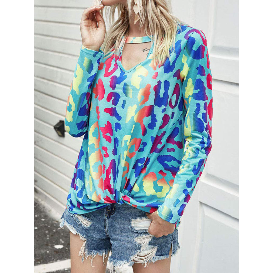 Cutout Round Neck Long Sleeve T-Shirt Aqua / S Apparel and Accessories