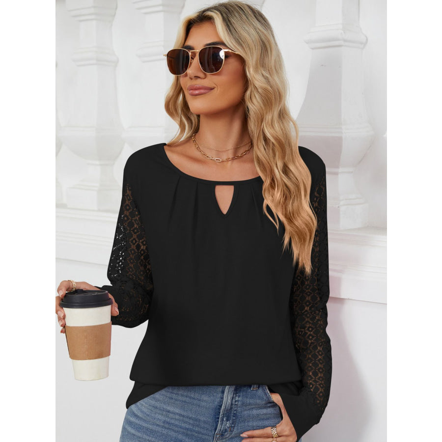 Cutout Round Neck Long Sleeve T-Shirt Black / S Apparel and Accessories