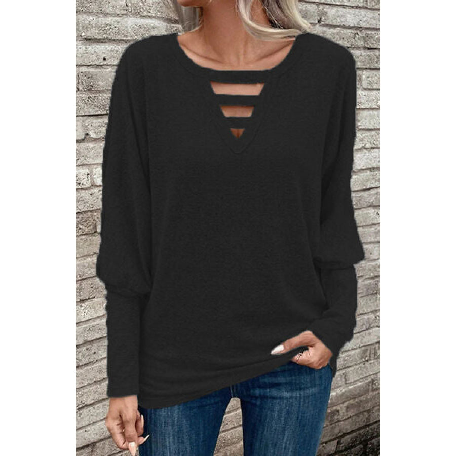 Cutout Round Neck Long Sleeve T - Shirt Black / S Apparel and Accessories
