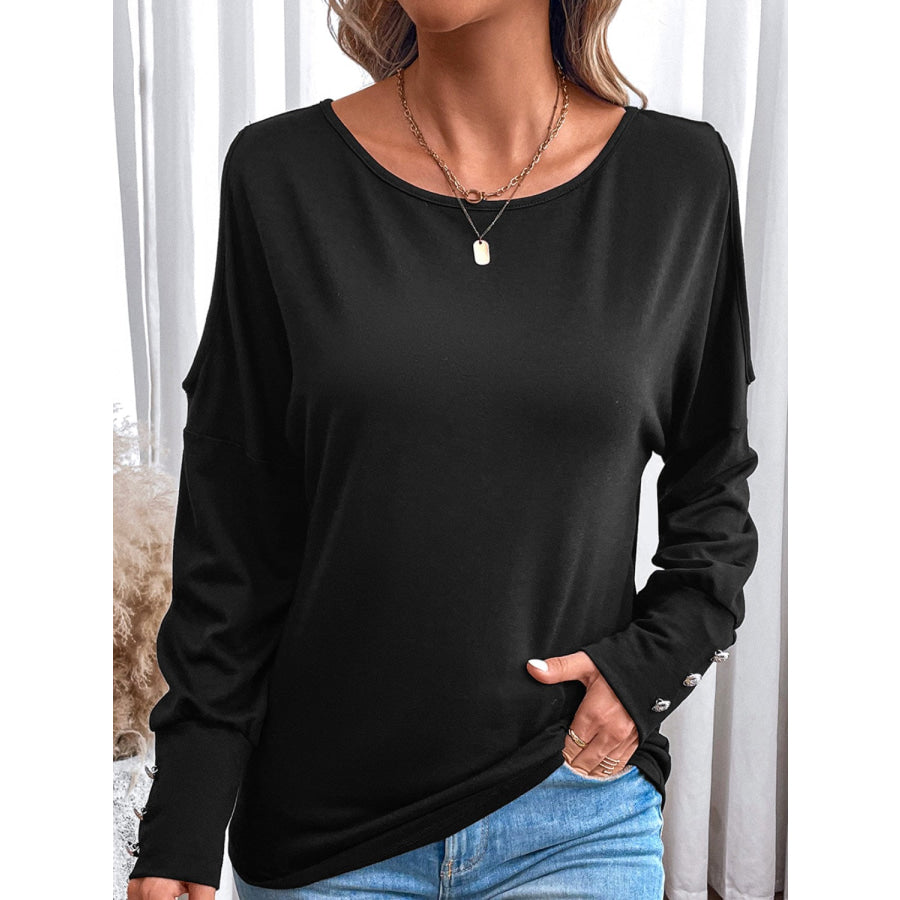 Cutout Round Neck Long Sleeve T - Shirt Black / S Apparel and Accessories