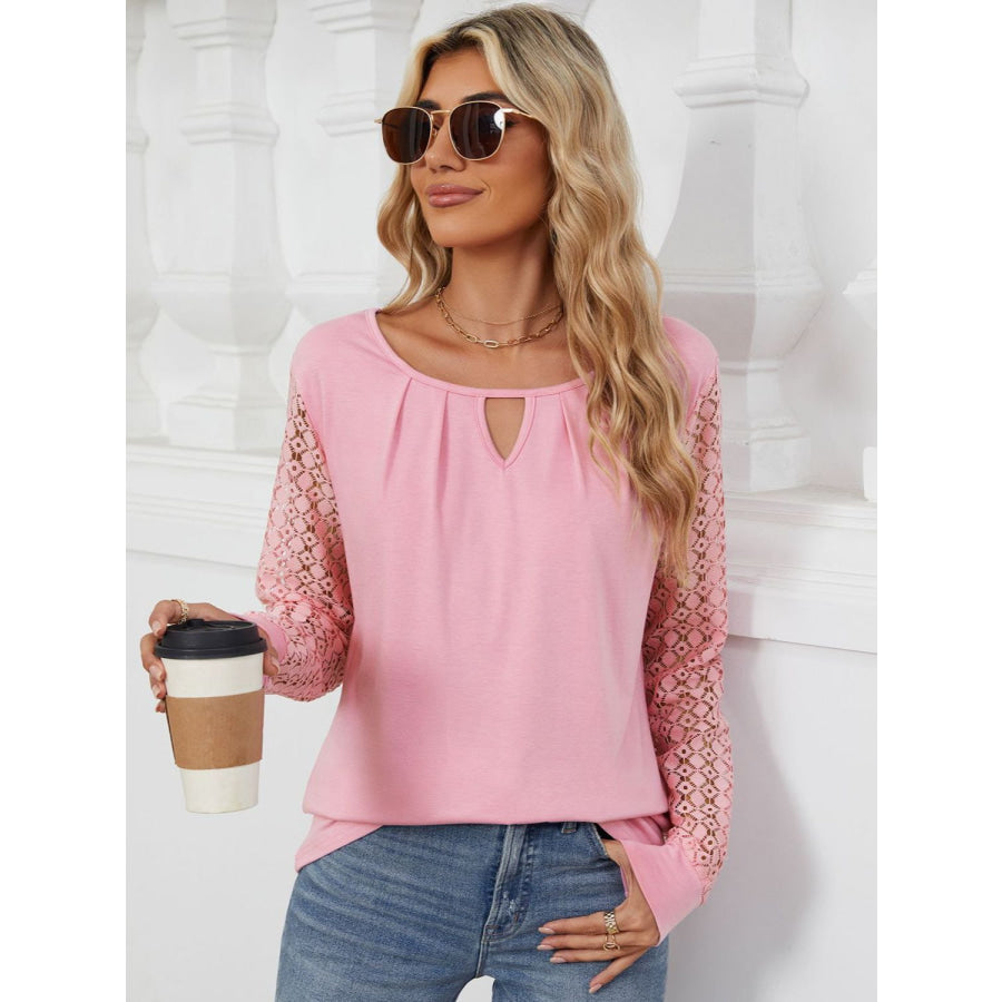 Cutout Round Neck Long Sleeve T-Shirt Blush Pink / S Apparel and Accessories