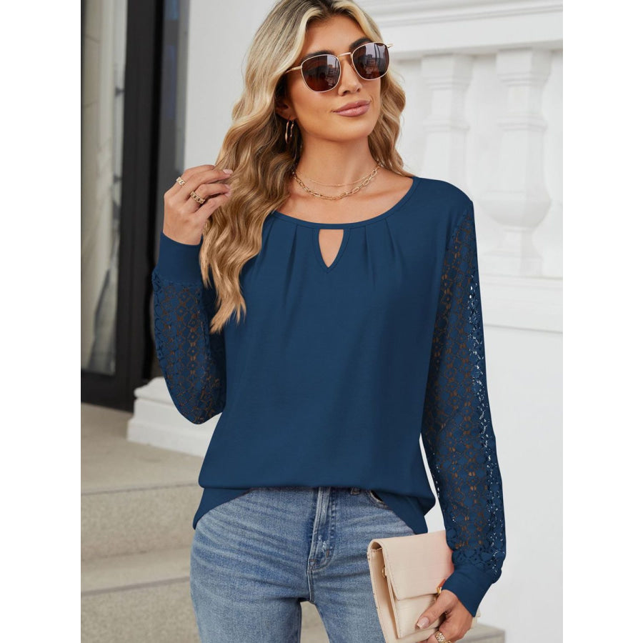 Cutout Round Neck Long Sleeve T-Shirt Dark Navy / S Apparel and Accessories