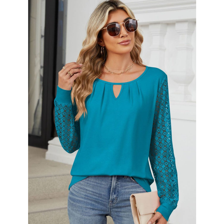 Cutout Round Neck Long Sleeve T-Shirt Deep Teal / S Apparel and Accessories