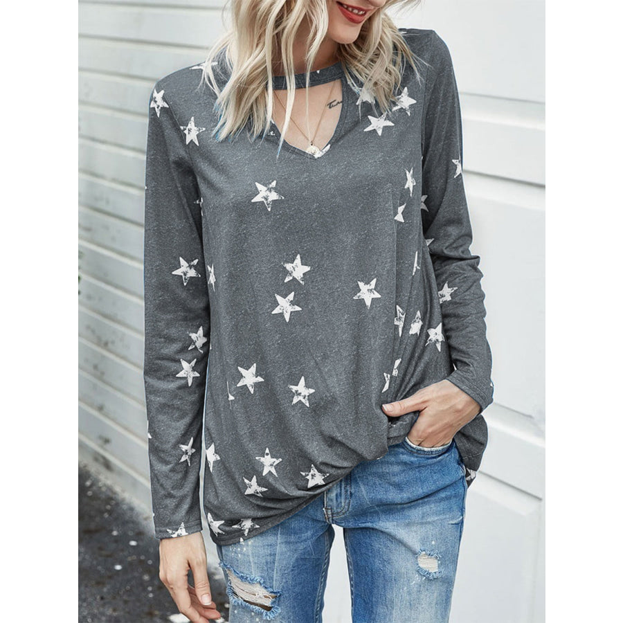 Cutout Round Neck Long Sleeve T-Shirt Gray / S Apparel and Accessories