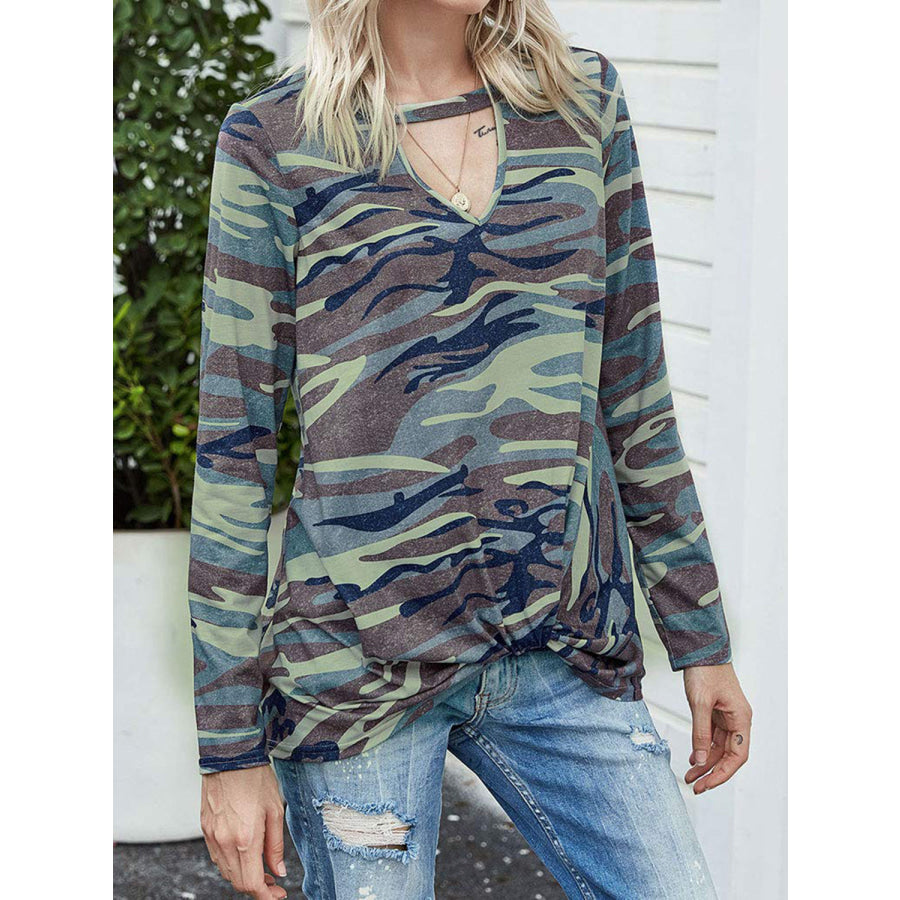 Cutout Round Neck Long Sleeve T-Shirt Green Camouflage / S Apparel and Accessories