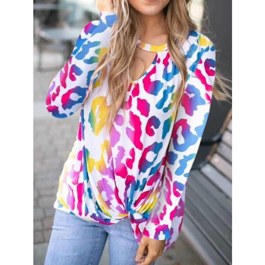 Cutout Round Neck Long Sleeve T-Shirt Leopard / S Apparel and Accessories