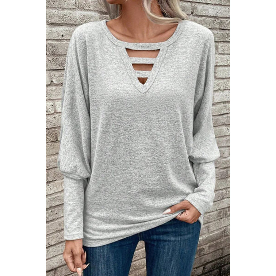 Cutout Round Neck Long Sleeve T - Shirt Light Gray / S Apparel and Accessories