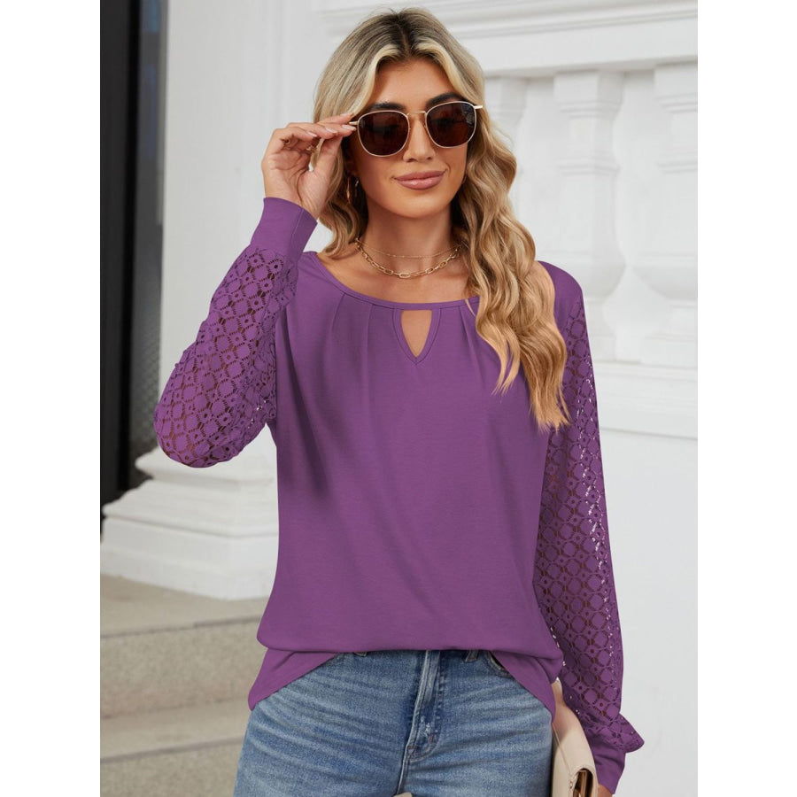 Cutout Round Neck Long Sleeve T-Shirt Mauve / S Apparel and Accessories