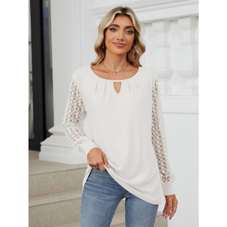 Cutout Round Neck Long Sleeve T-Shirt White / S Apparel and Accessories